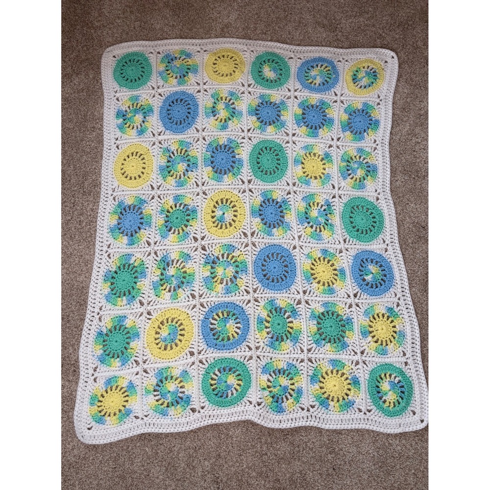 Handmade Crochet Baby Blanket Granny Square Sunburst Blue Yellow White‎ 47x41